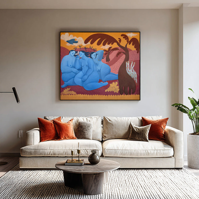 Modern living room with a colorful figurative painting on the wall, a white sofa with decorative pillows, and a large window.