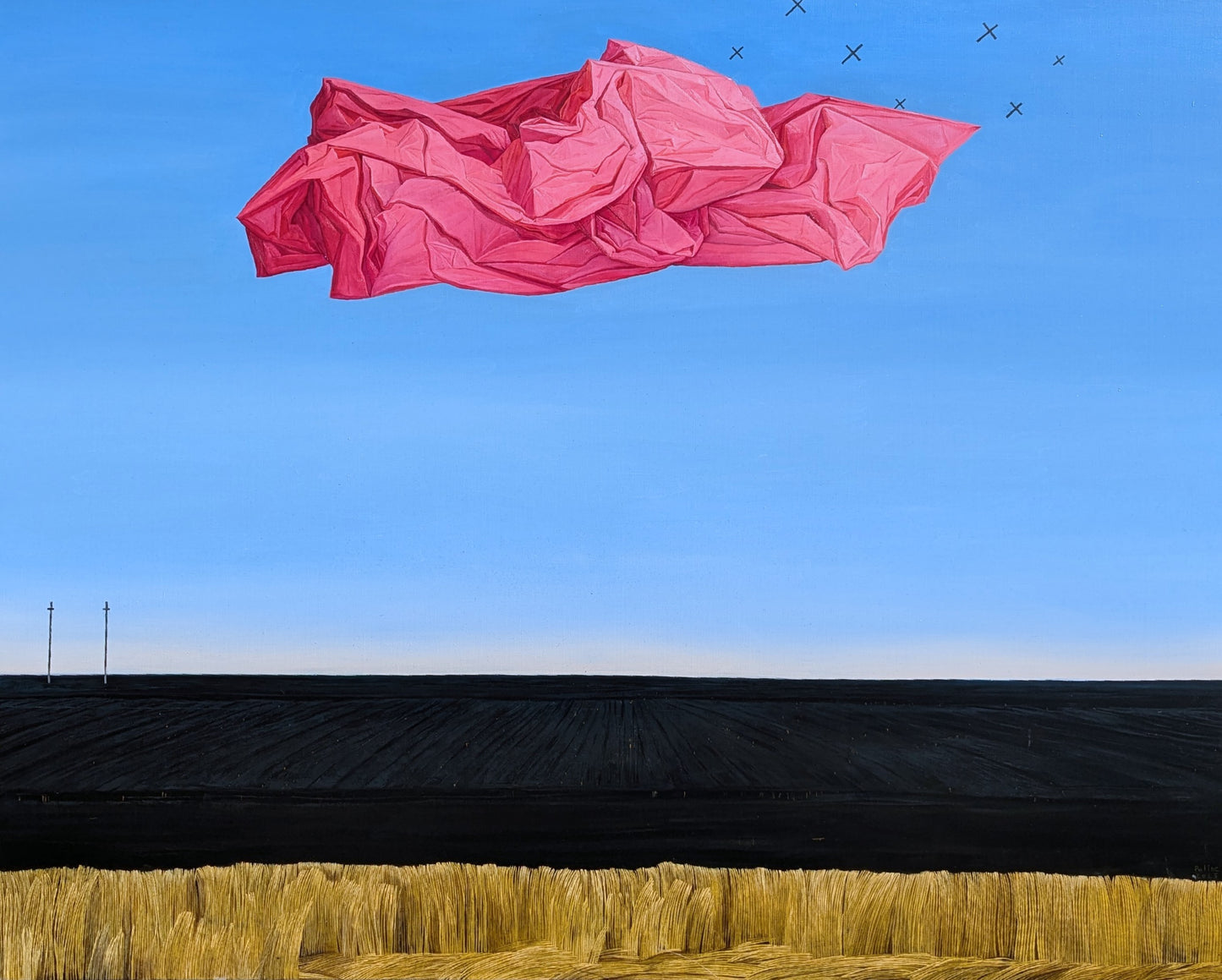 Pink fabric-like object floating in a clear blue sky above a black and yellow landscape.