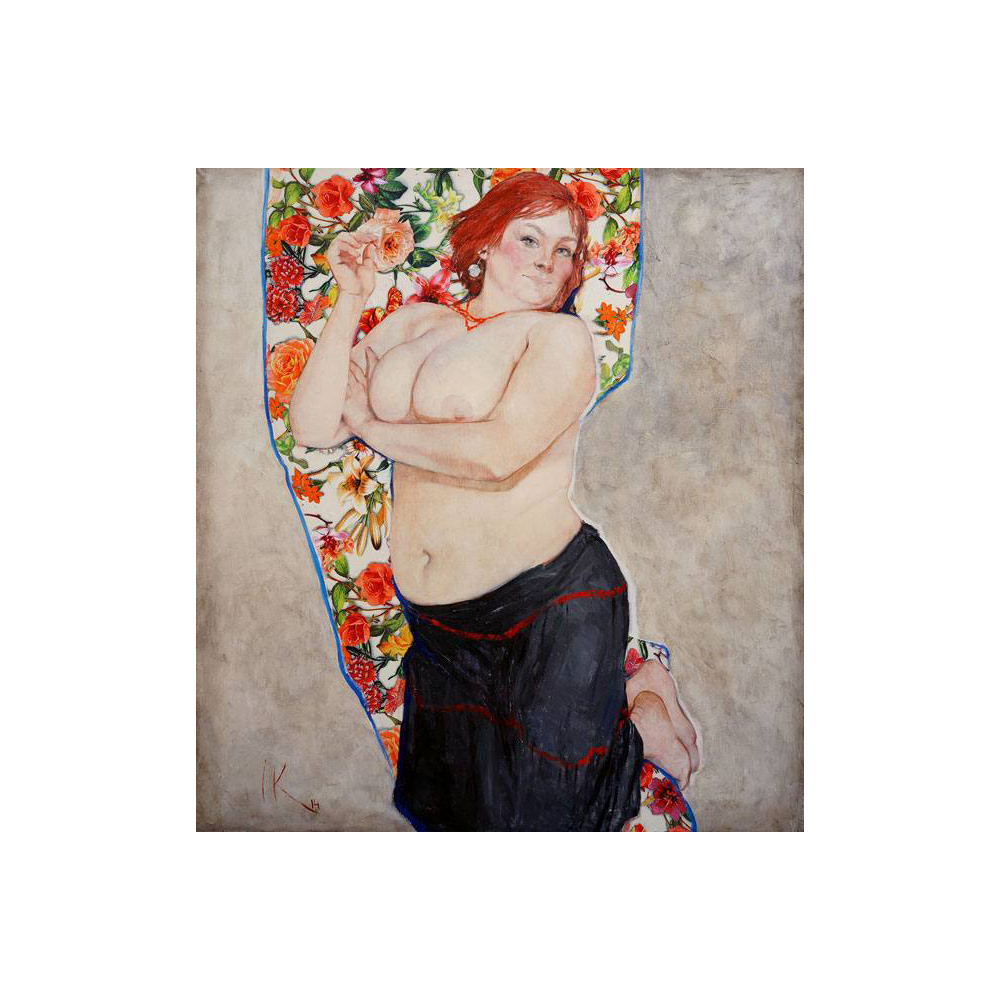 "Indian Summer" a nude women on a colorful drapery by contemporary Ukrainian artist Iryna Kalyuzhna