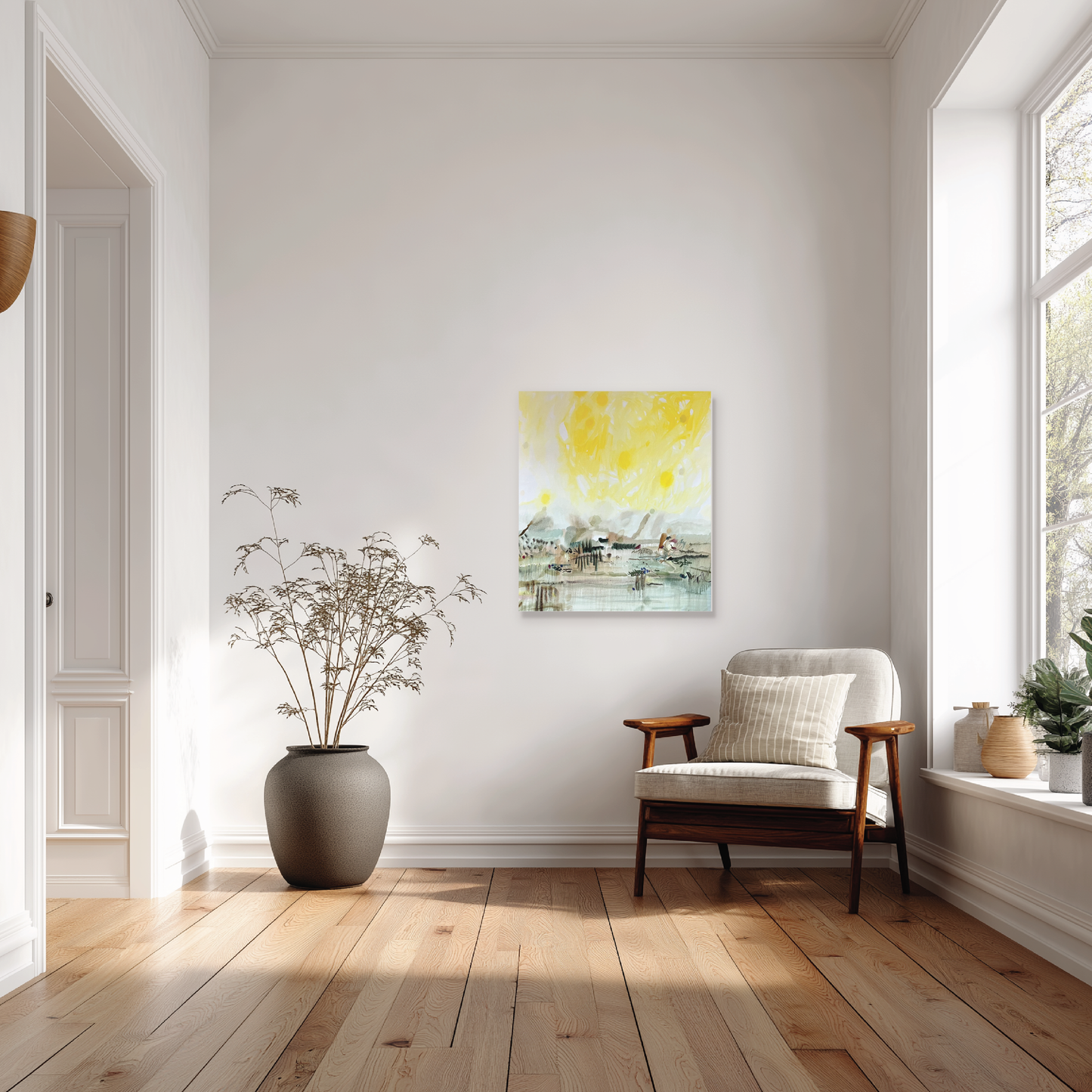 Modern living room with a painting on the wall, chair, and decorative items.