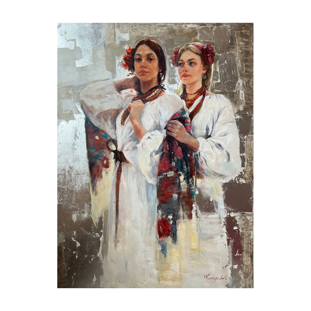 Girls in silver, Ukrainian young women in traditional costumes, artwork by Iryna Kalyuzhna