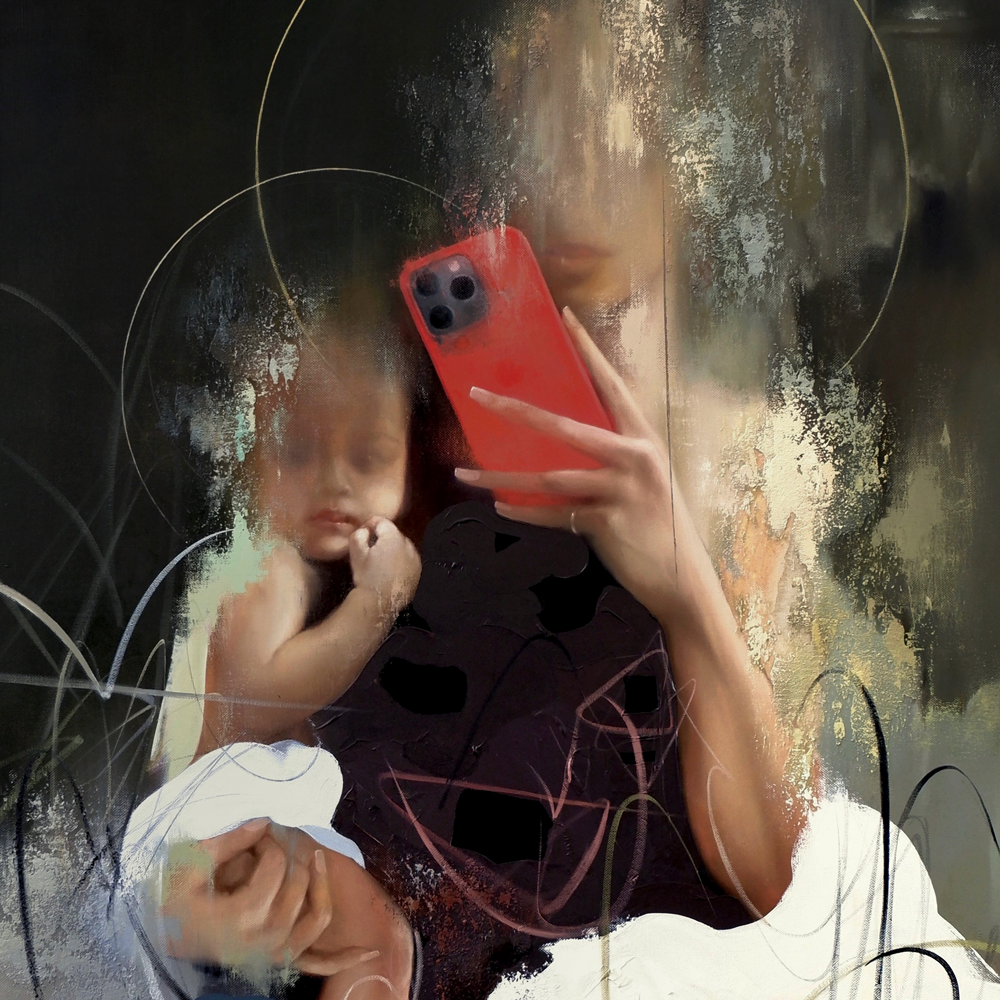 Icon, painting of young women and baby, by contemporary Ukrainian artist Yevhenii Shapovalov, closeup 1