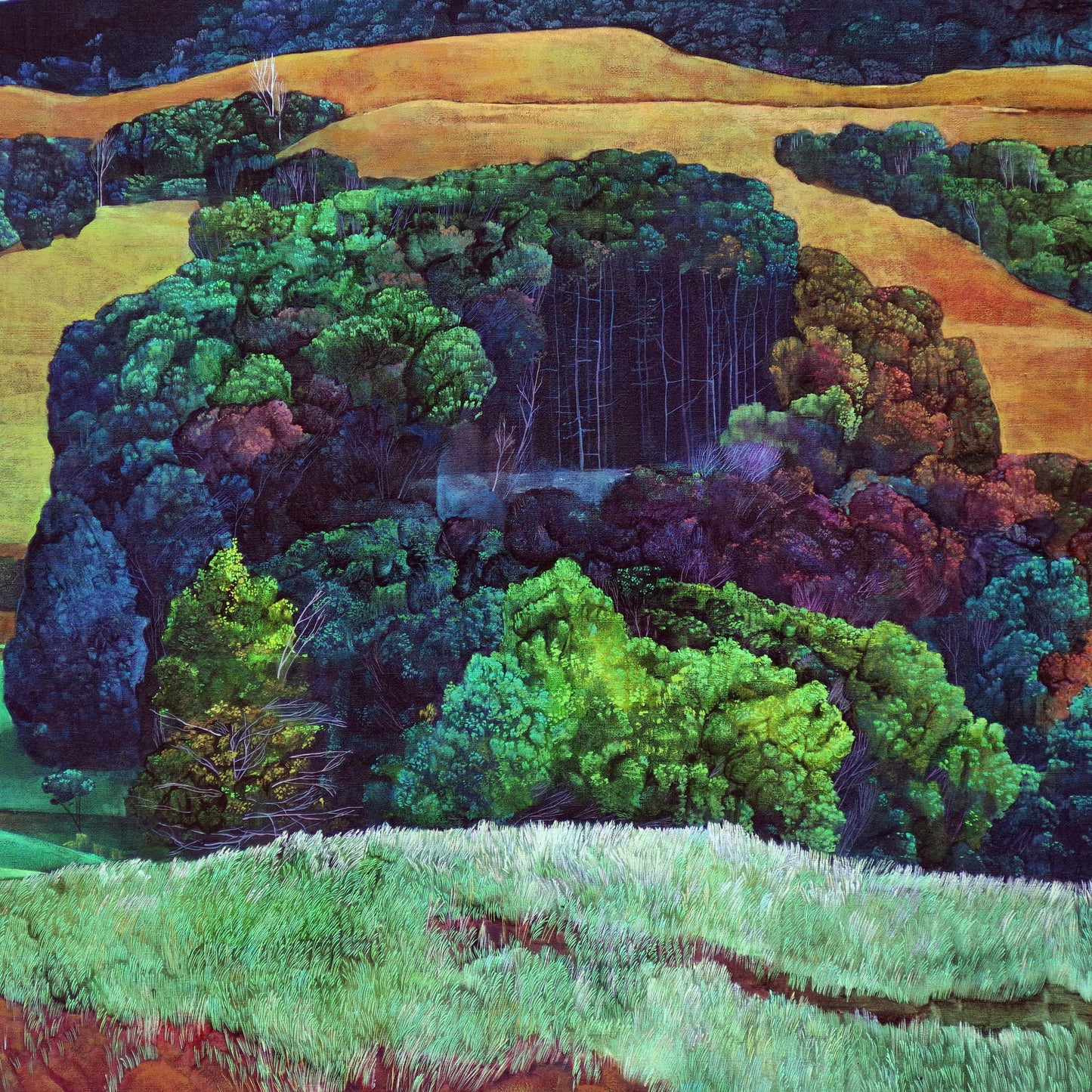 A colorful landscape painting featuring trees, fields, and a mountain.