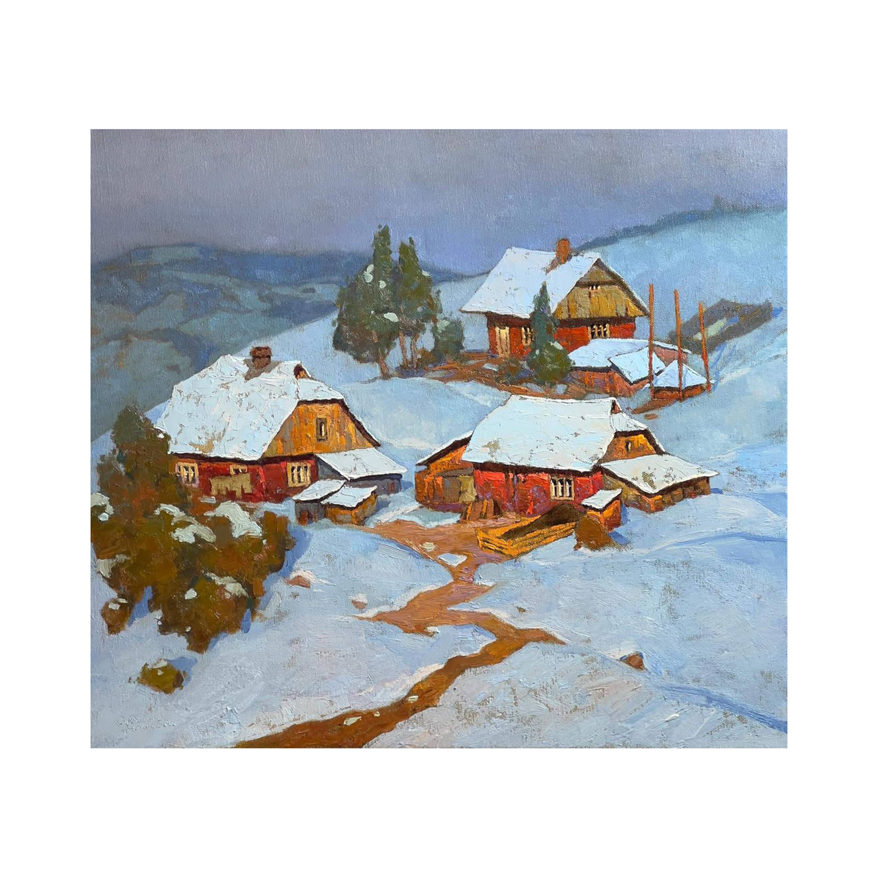 The Winter, landscape of three houses on a winter mountains by Denis Sarazhin