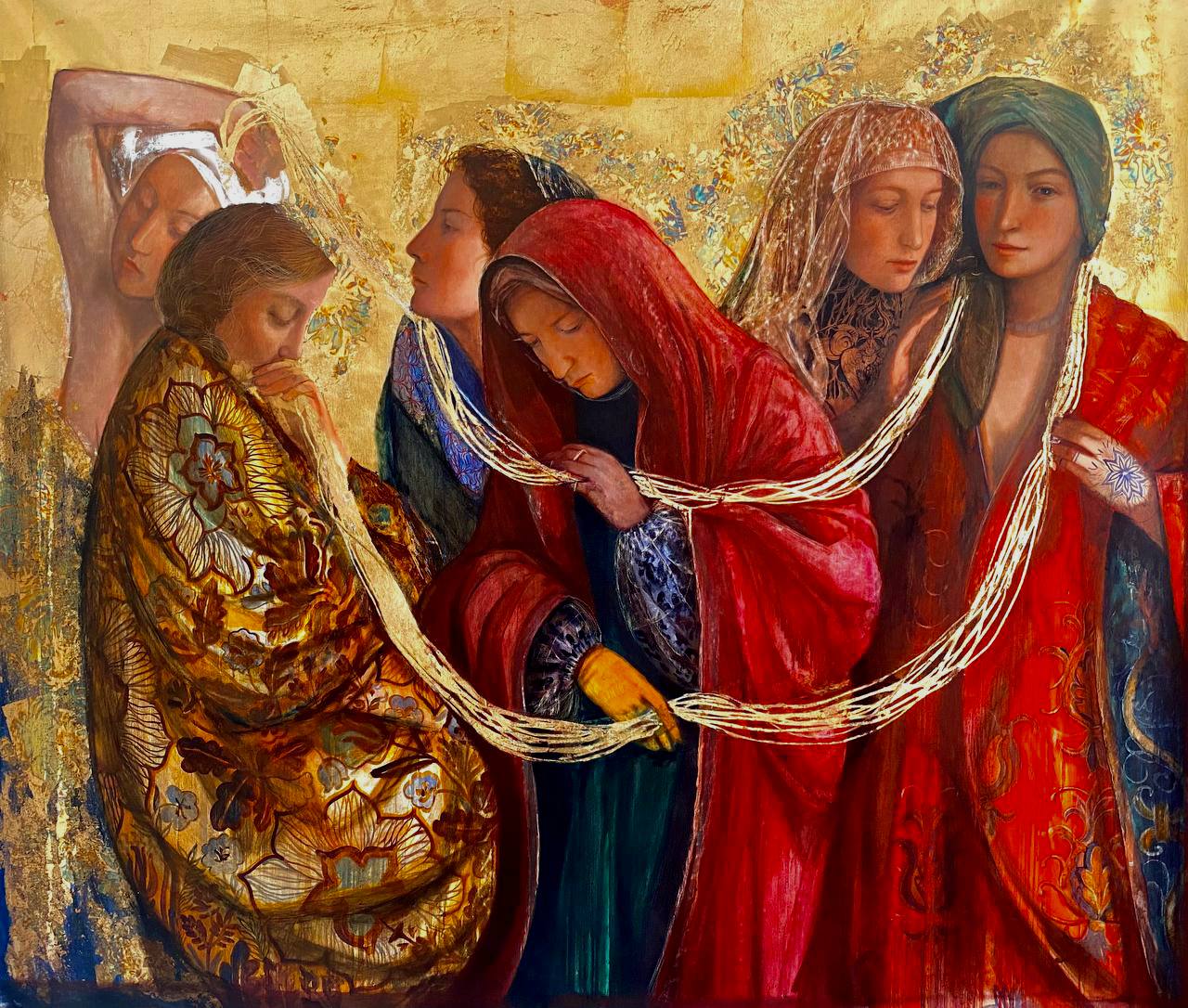 A rich, detailed painting of women in ornate clothing, holding strands of golden thread. Their expressions are serene, and the background is decorated with intricate patterns and warm, golden tones. The image conveys a sense of unity and tradition.