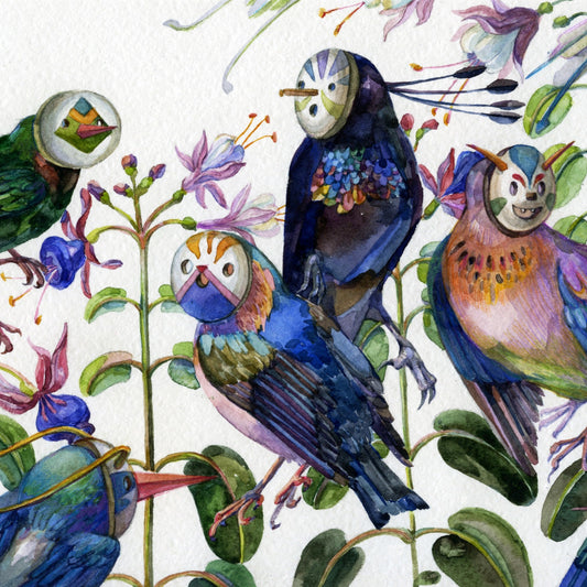 Watercolor illustration of several colorful birds perched among pink and purple flowers on a white background.