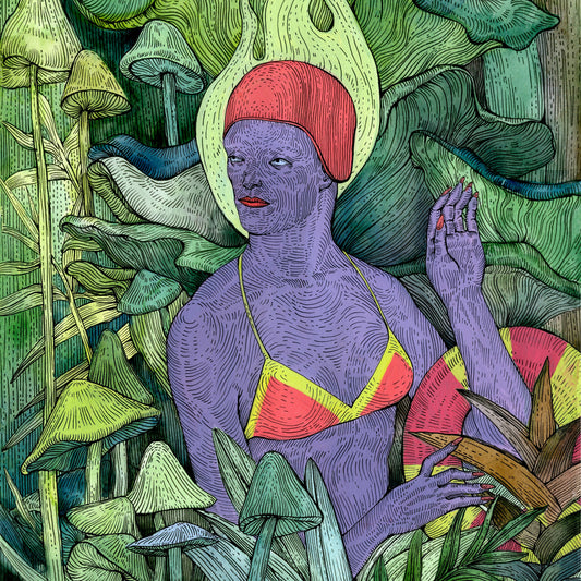 A stylized illustrated figure with purple skin and a red head covering, wearing a yellow and red triangle top, surrounded by oversized green leaves and mushrooms in a detailed line-art scene.
