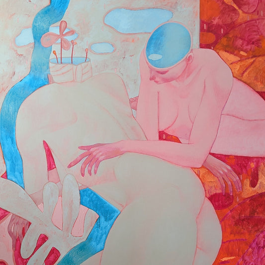 Abstract artwork with figures in pastel colors on a colorful background