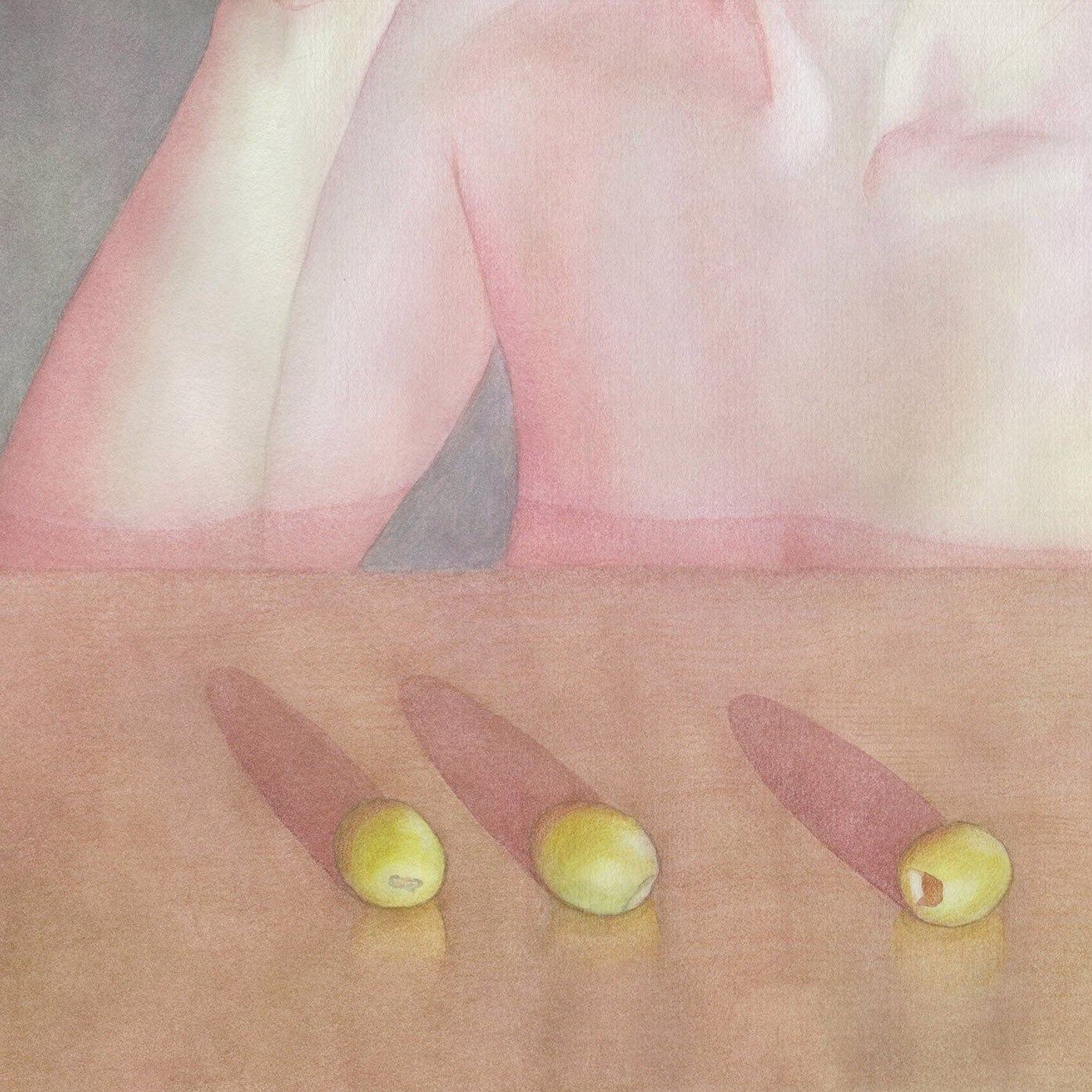Artistic depiction of a person with a mouth wide open, holding a small object, with three similar objects on a surface below.