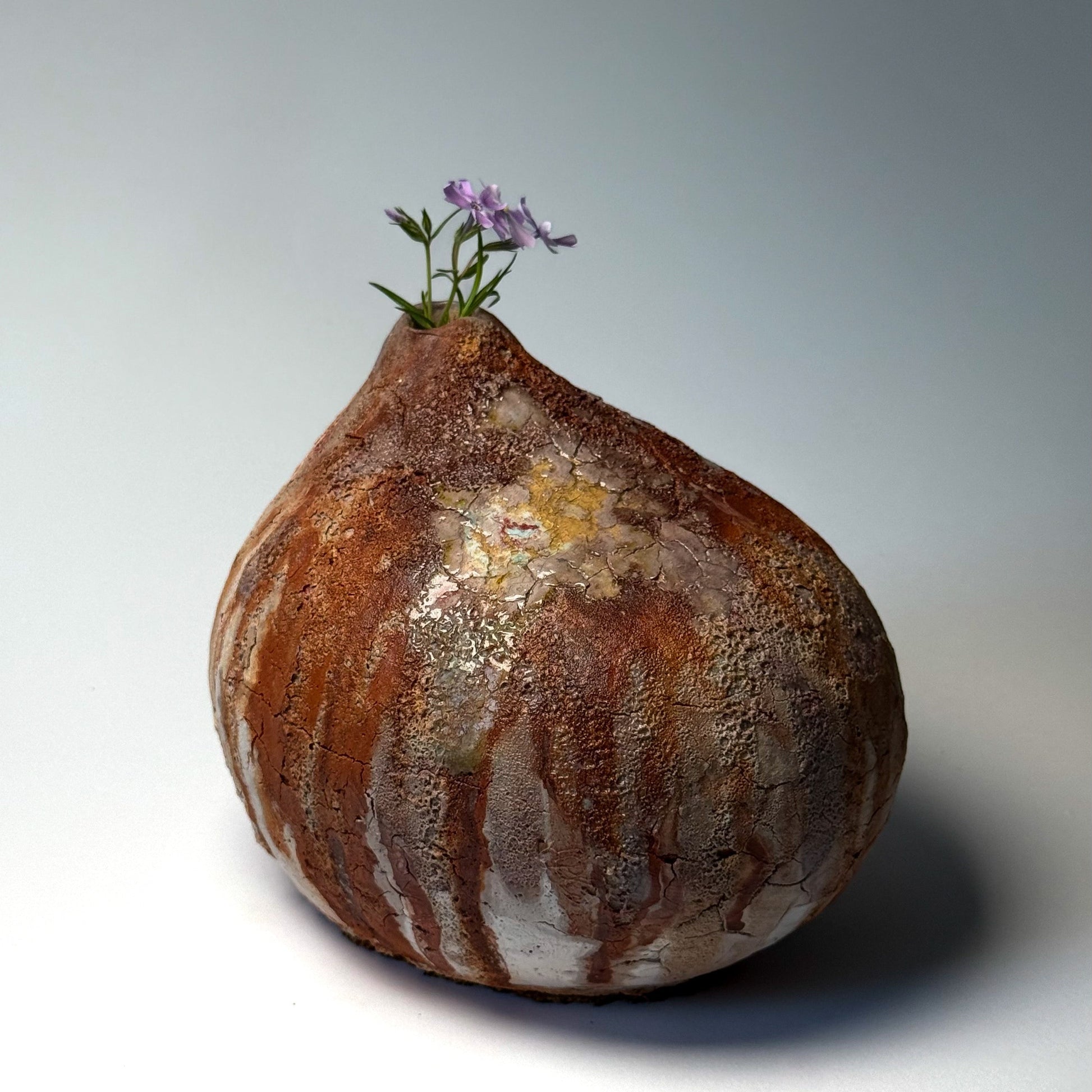 Textured brown vase with a small purple flower on a light gray background
