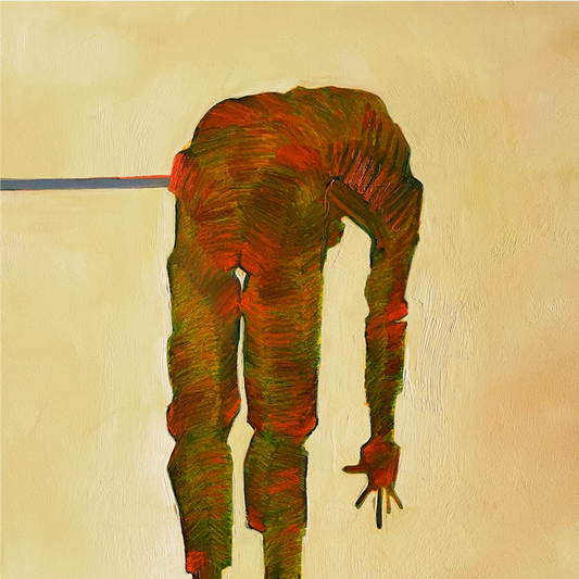 Abstract painting of a figure in green and red on a beige background