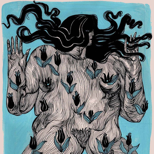 An illustrated artwork of a kneeling nude figure with black hair and black line-drawn floral motifs across the body, set against a bright blue background with a beige border.