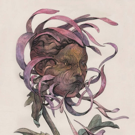 An illustration of a flower head with swirling pink and purple petals and a green stem on a plain light beige background.