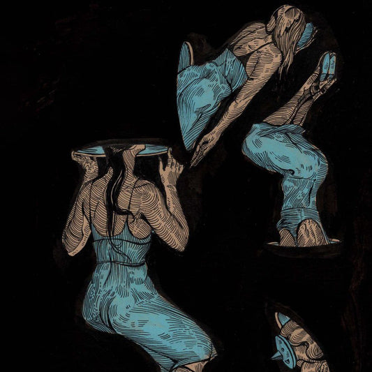 A dark, stylized artwork showing three elongated human-like figures in light blue garments against a black background, rendered in a sketchy, graphic illustration style.