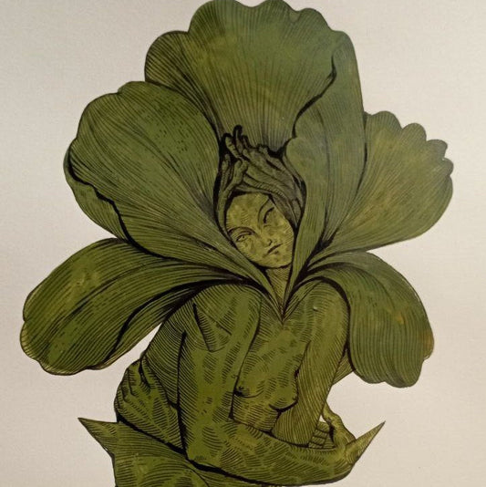 A surreal botanical artwork showing a human figure merged with large green leaves and flower-like forms, rendered in olive and moss green tones on a light beige background.