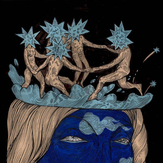 A surreal artwork showing a large blue face with blonde hair, topped with several nude figures holding star-like forms above blue waves, all set against a black background.