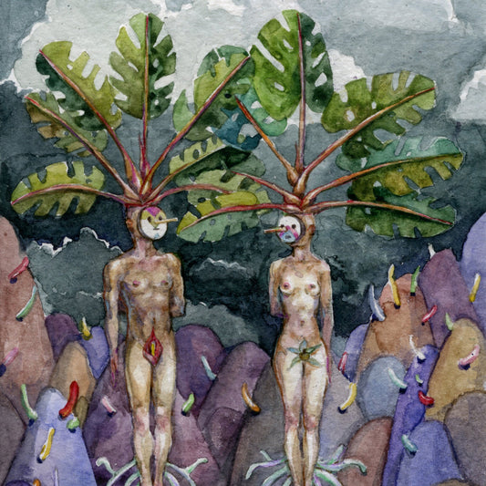 Watercolor fantasy artwork showing two nude human figures standing among large green leaves and purple-brown rocks, with small colorful worm-like creatures scattered around. No visible brand text.