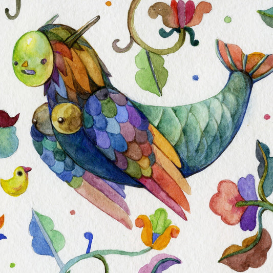 Watercolor art print featuring whimsical sea creatures and marine life, including a colorful fish, a green sea urchin, and a small yellow bird, surrounded by flowers and leaves on a textured white background.
