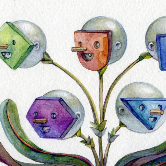 Watercolor-style illustration of five whimsical flower-like forms with rounded white centers and colorful geometric faces in green, orange, blue, and purple, arranged on stems against a white textured background.