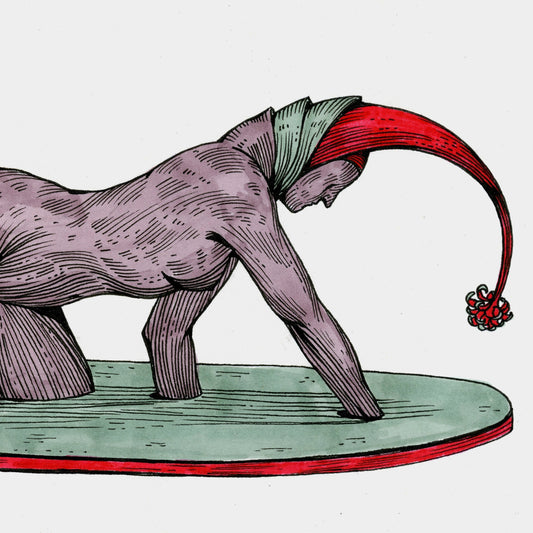 A stylized illustration of a humanoid figure with a long red tail-like appendage and pale lavender body, standing on a round green platform against a plain white background.