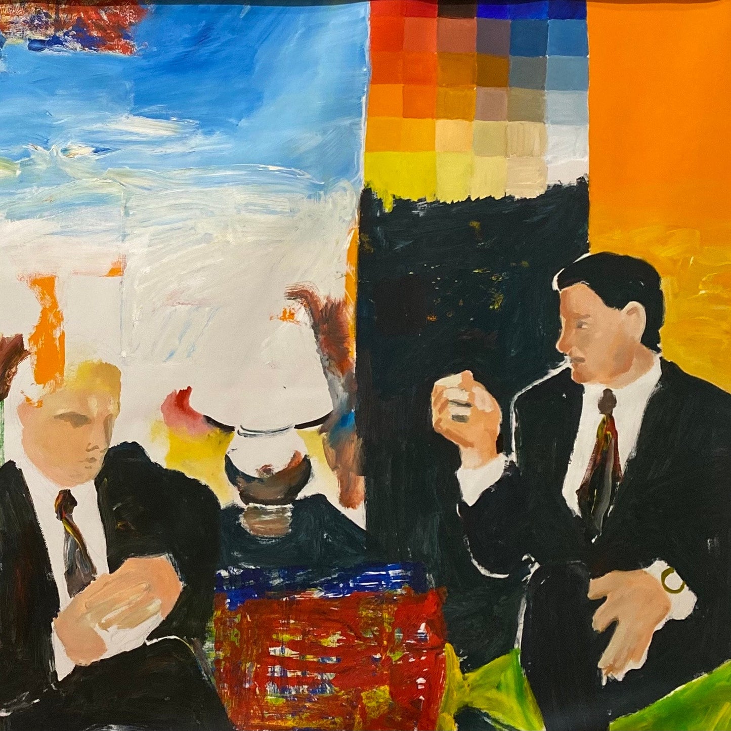 Colorful abstract painting with figures and landscapes