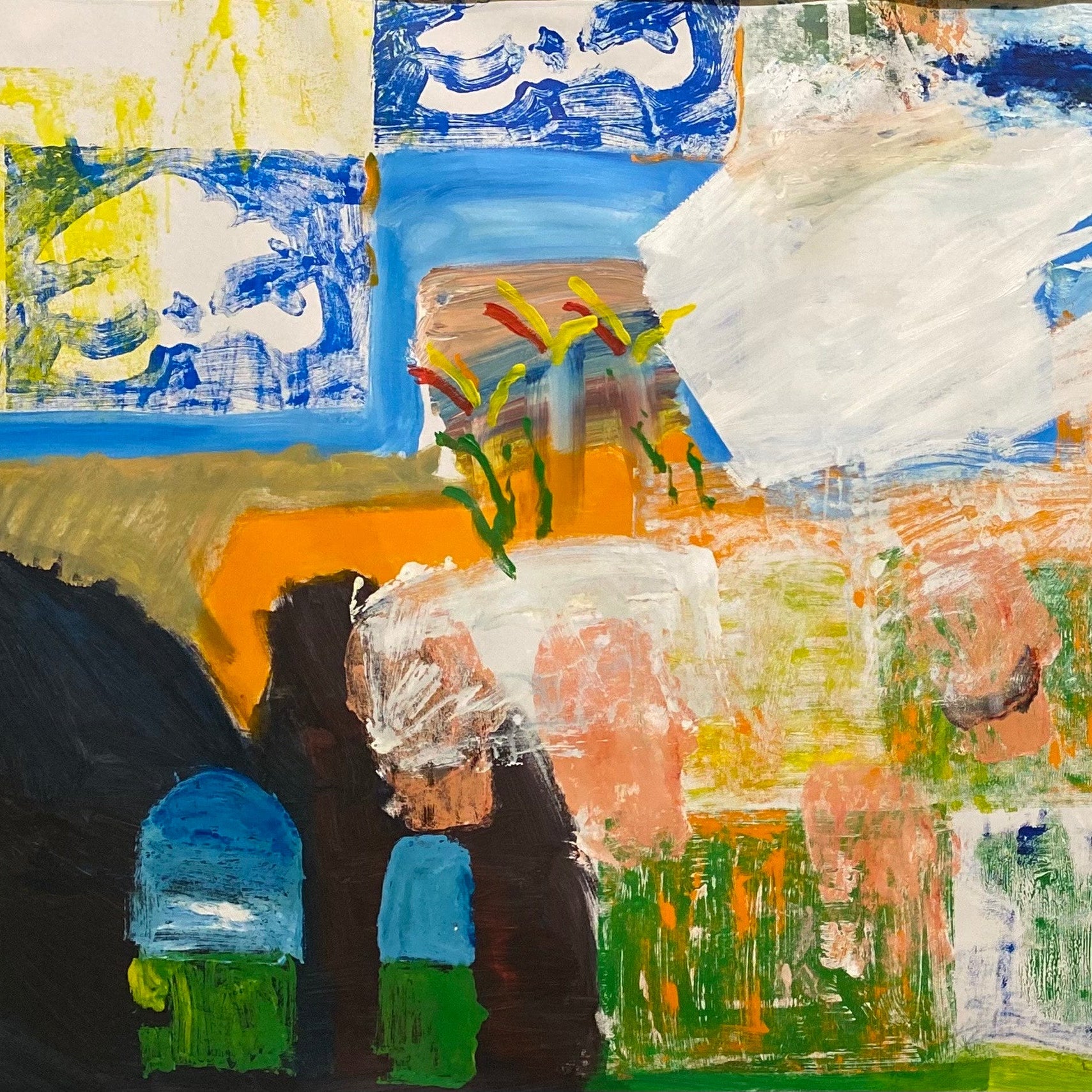 Colorful abstract painting with figures and landscapes