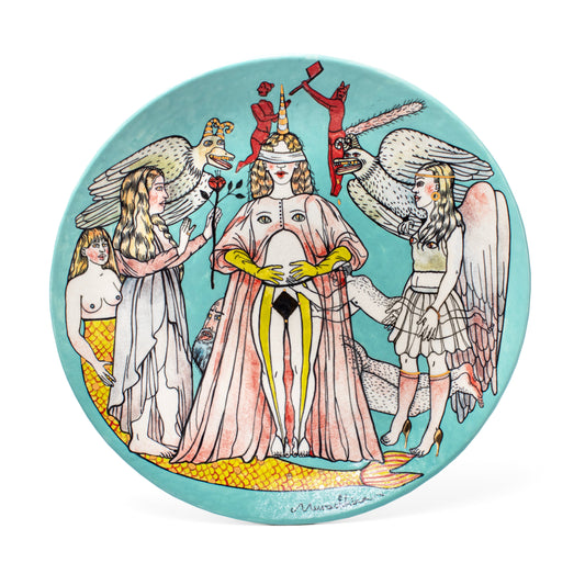 Plate artwork with a central figure surrounded by angelic and otherworldly figures on a light blue background.