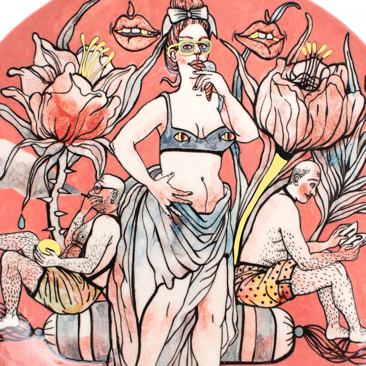Blue Ice Cream, an artwork with a central figure surrounded by floral elements and smaller figures on a pink background.