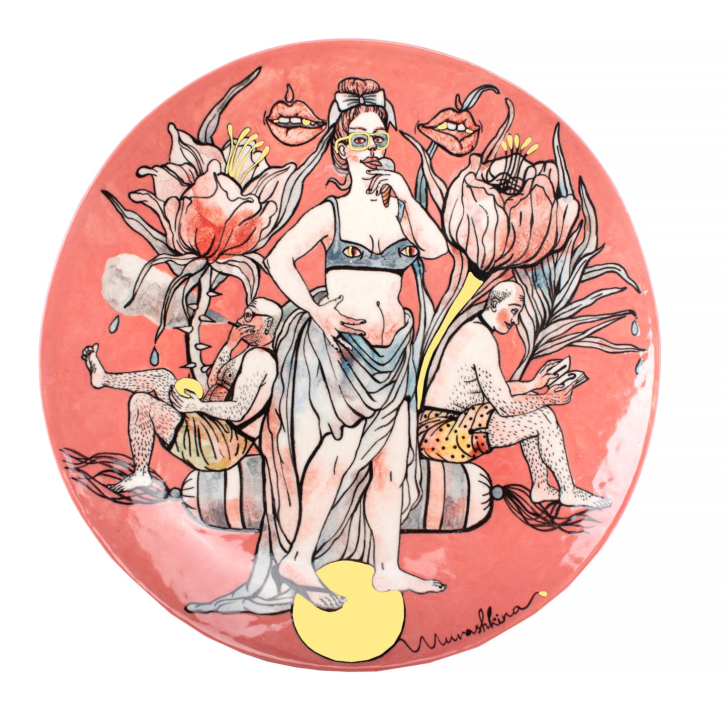 Ceramic plate- artwork with a central figure surrounded by floral elements and smaller figures on a pink background.