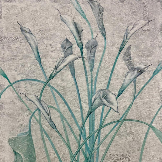 Artwork of Textile with teal calla lily design on a textured beige background