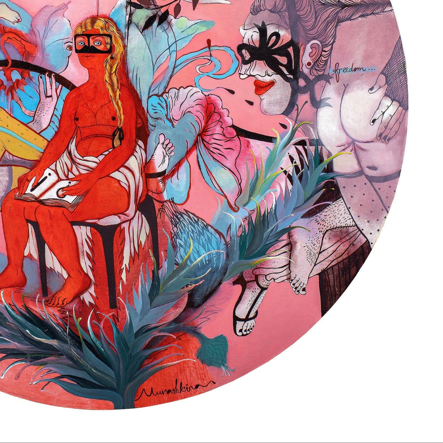 Circular artwork with colorful characters and animals on a pink background
