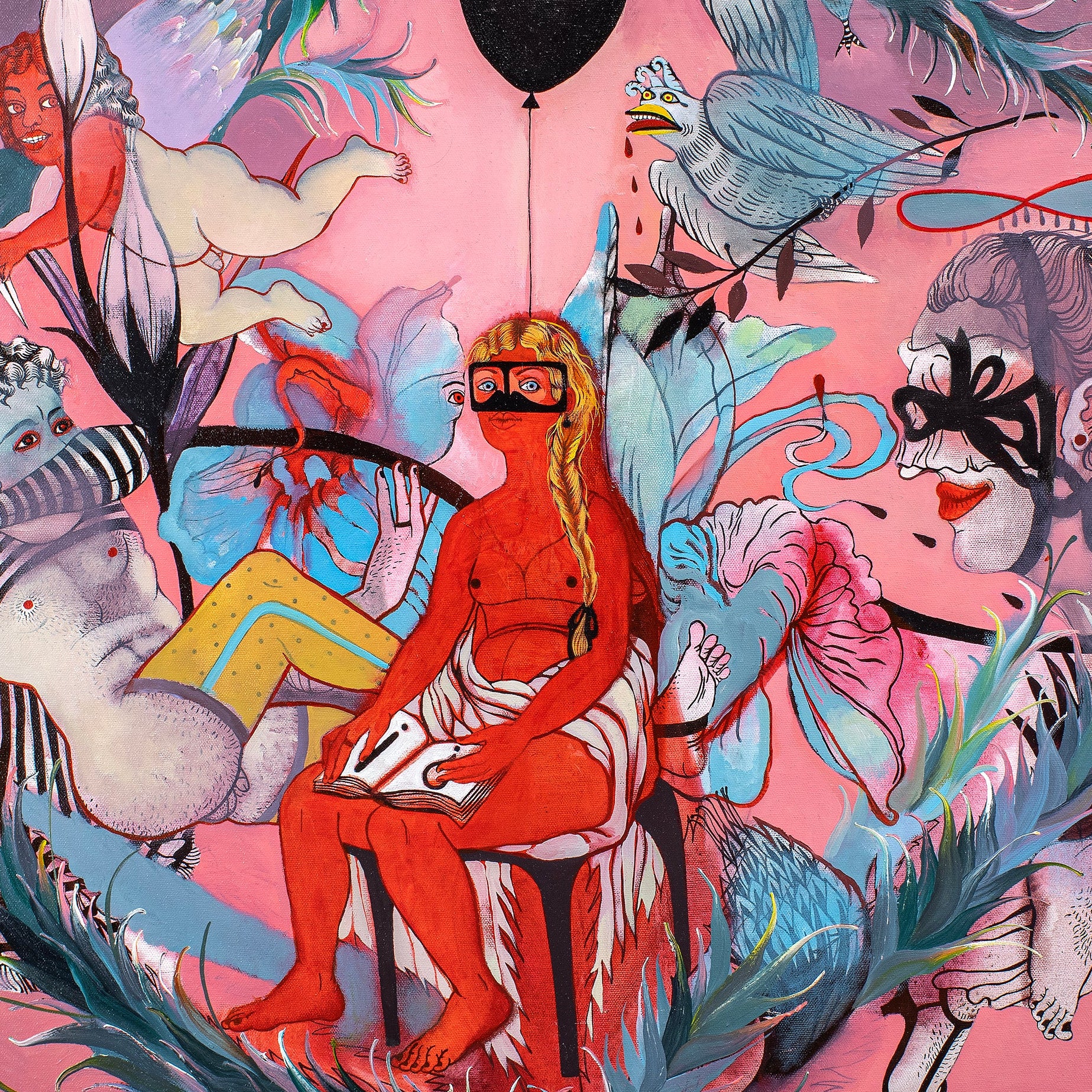 Circular artwork with colorful characters and animals on a pink background