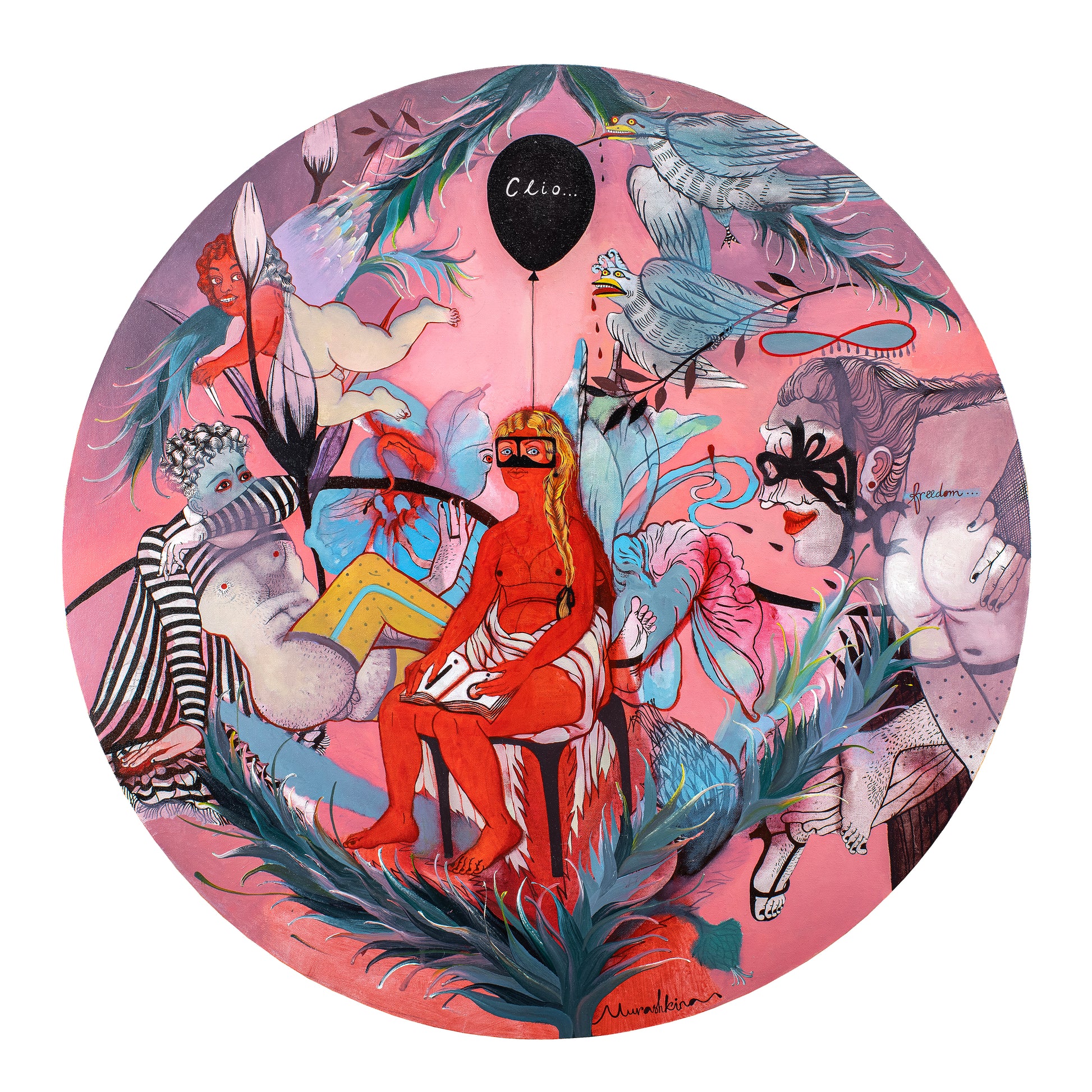 Circular artwork with colorful characters and animals on a pink background