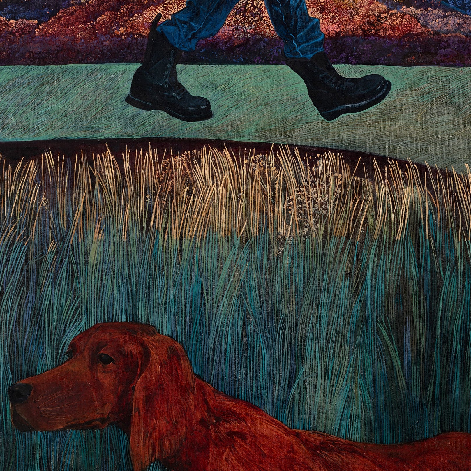 Close-up of Surrealistic artwork of a person walking on a path with a dog lying in the grass, painting style