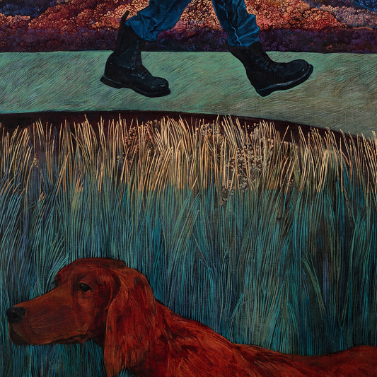 Close-up of Surrealistic artwork of a person walking on a path with a dog lying in the grass, painting style