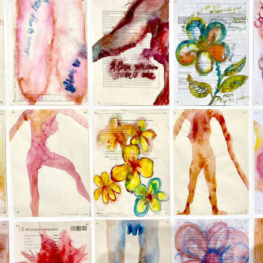 A collection of colorful artwork pieces by Maria Kulikovska, featuring watercolor illustrations on paper with migration office backgrounds, floral designs, and abstract shapes.