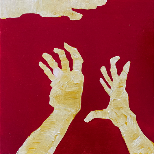 Artistic depiction of hands reaching towards each other on a red and yellow background