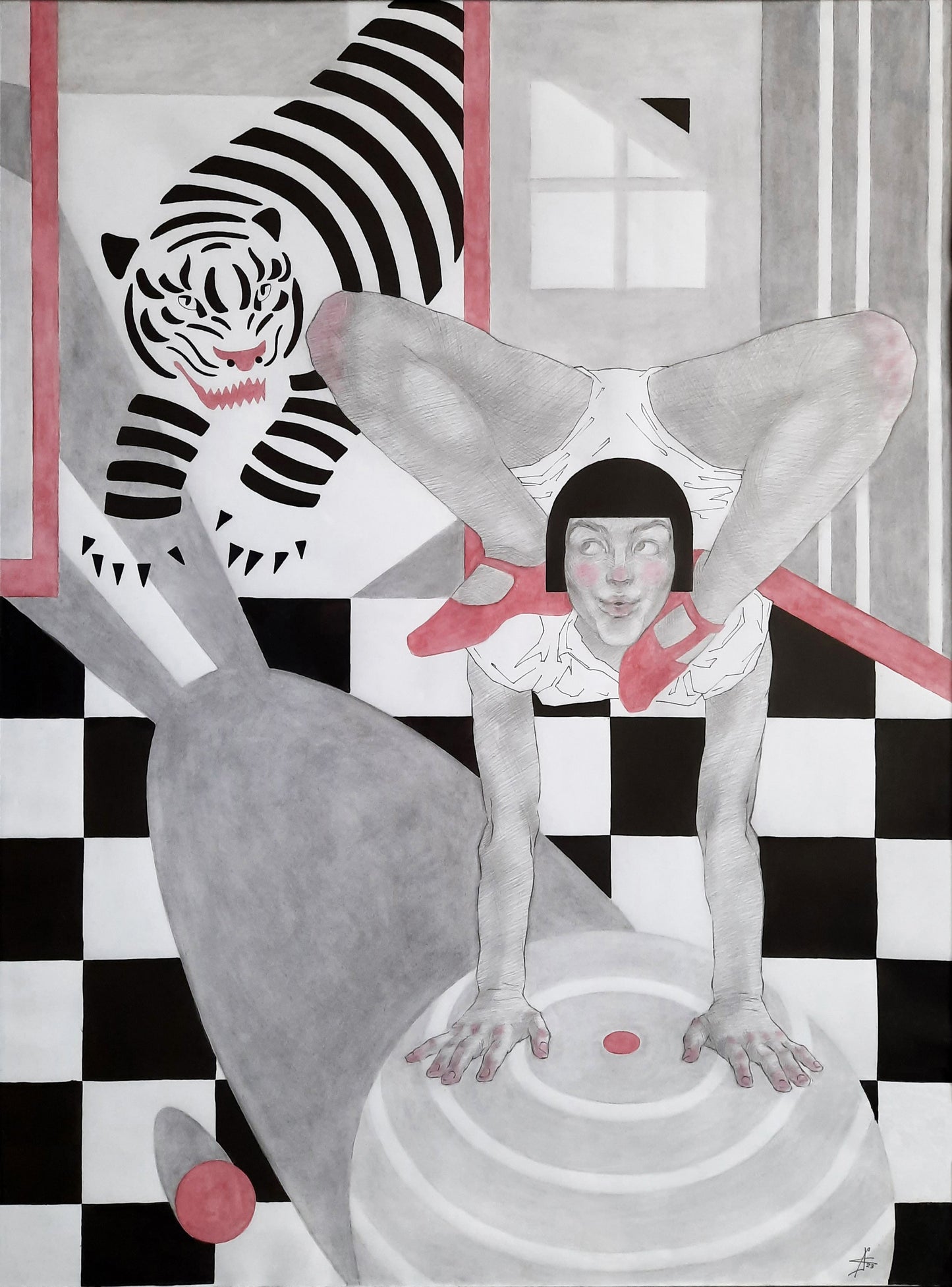 Artistic depiction of a person in a white outfit with red shoes, a tiger, and checkered floor.