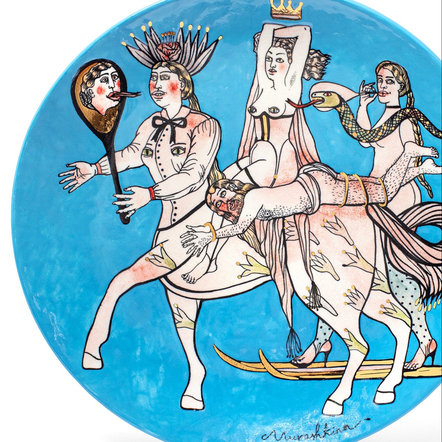 Decorative plate with artistic depiction of a woman on a horse against a blue background