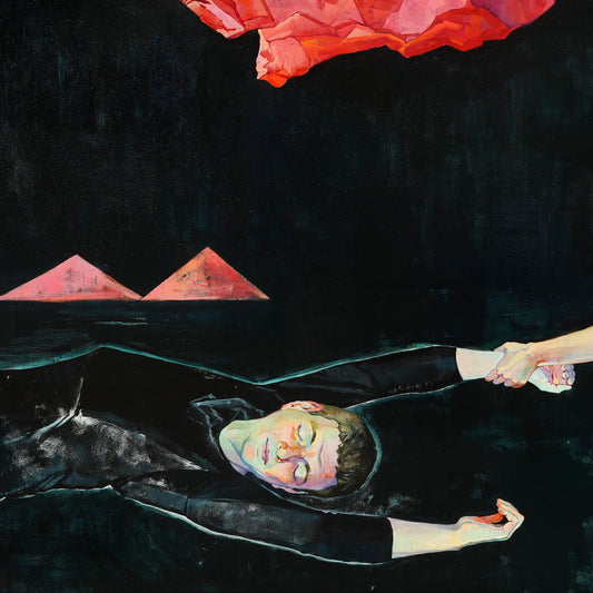 Artistic depiction of a person lying on water with red fabric above, set against a dark background.