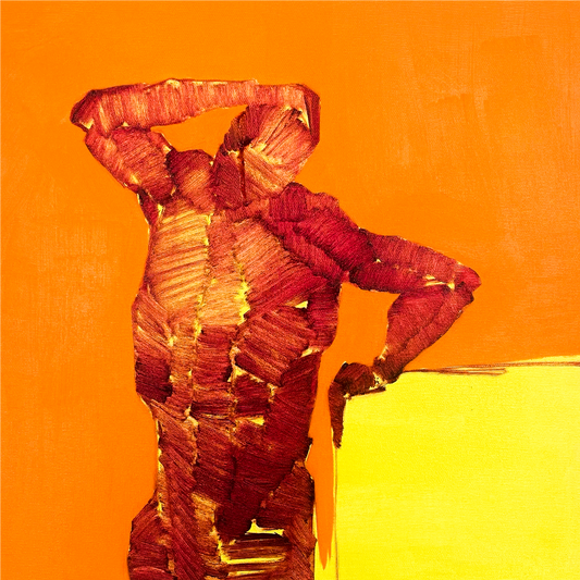 Abstract sculpture of a humanoid figure on an orange background