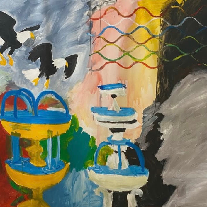 Abstract painting with colorful elements including blue and yellow structures.