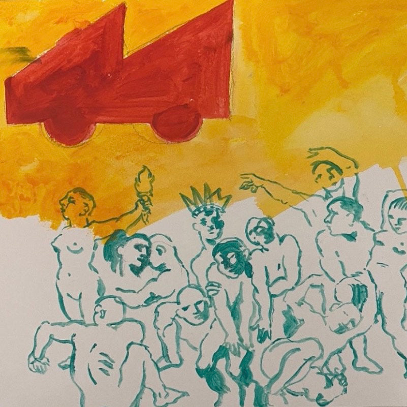 Artistic depiction of figures with a red car on a yellow background