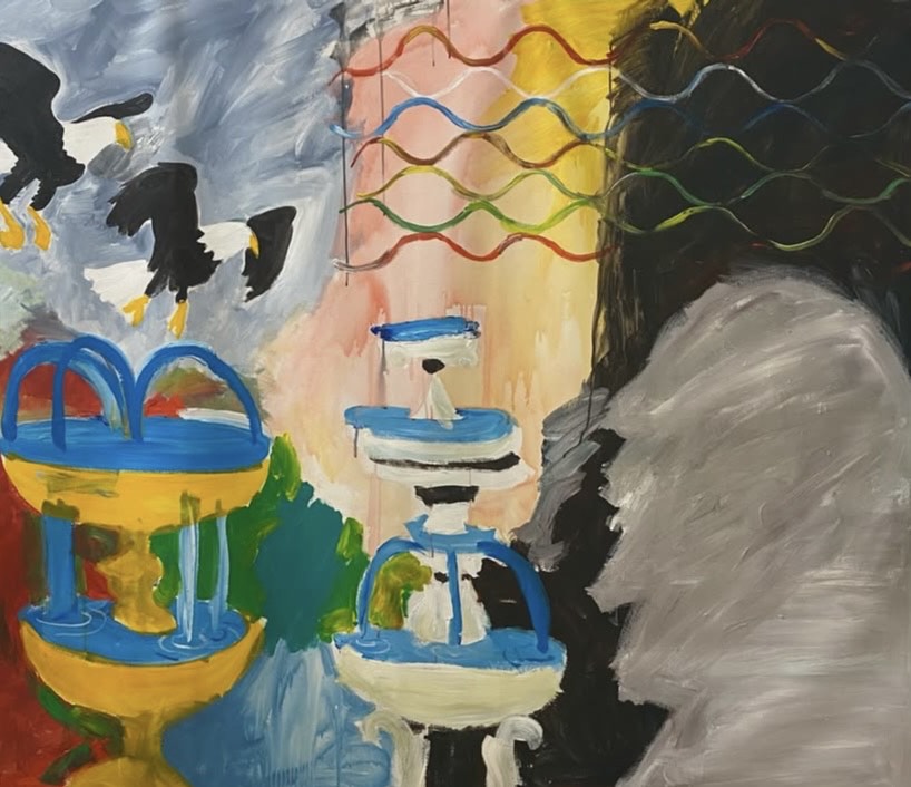 Abstract painting with colorful elements including blue and yellow structures.