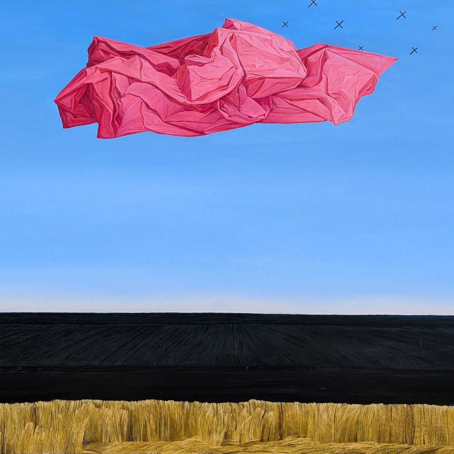Pink fabric-like object floating in a clear blue sky above a black and yellow landscape.
