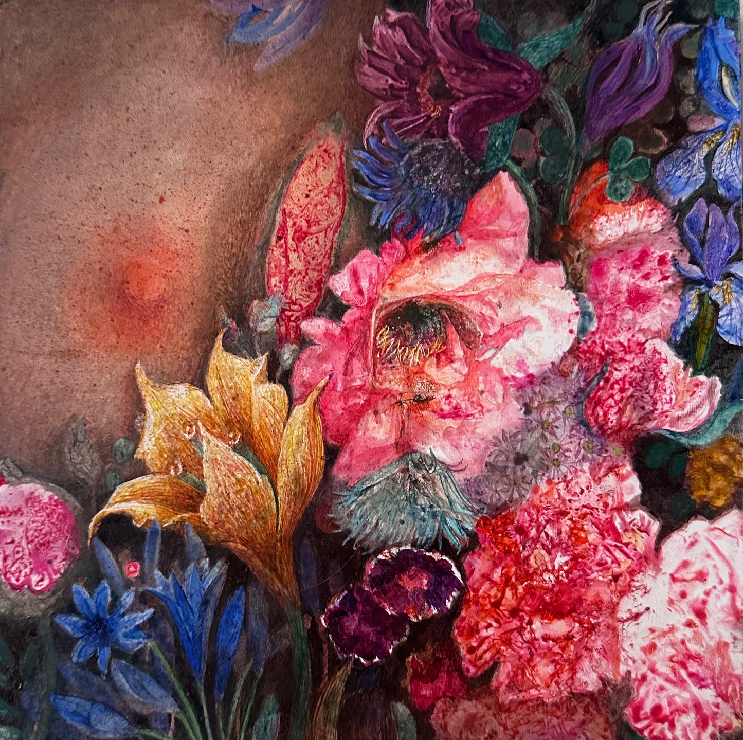 Close-up of a vibrant floral arrangement with pink, red, and blue flowers on a textured background.