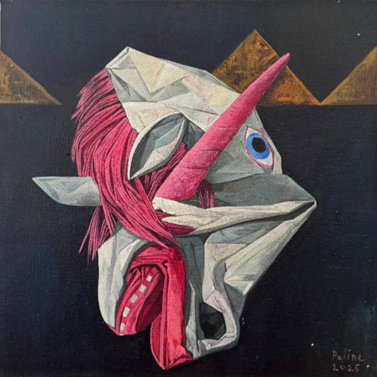 Abstract painting of a creature with pink and gray colors on a black background