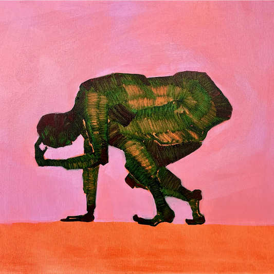 Silhouette of a person in a crouched position against a pink and orange gradient background