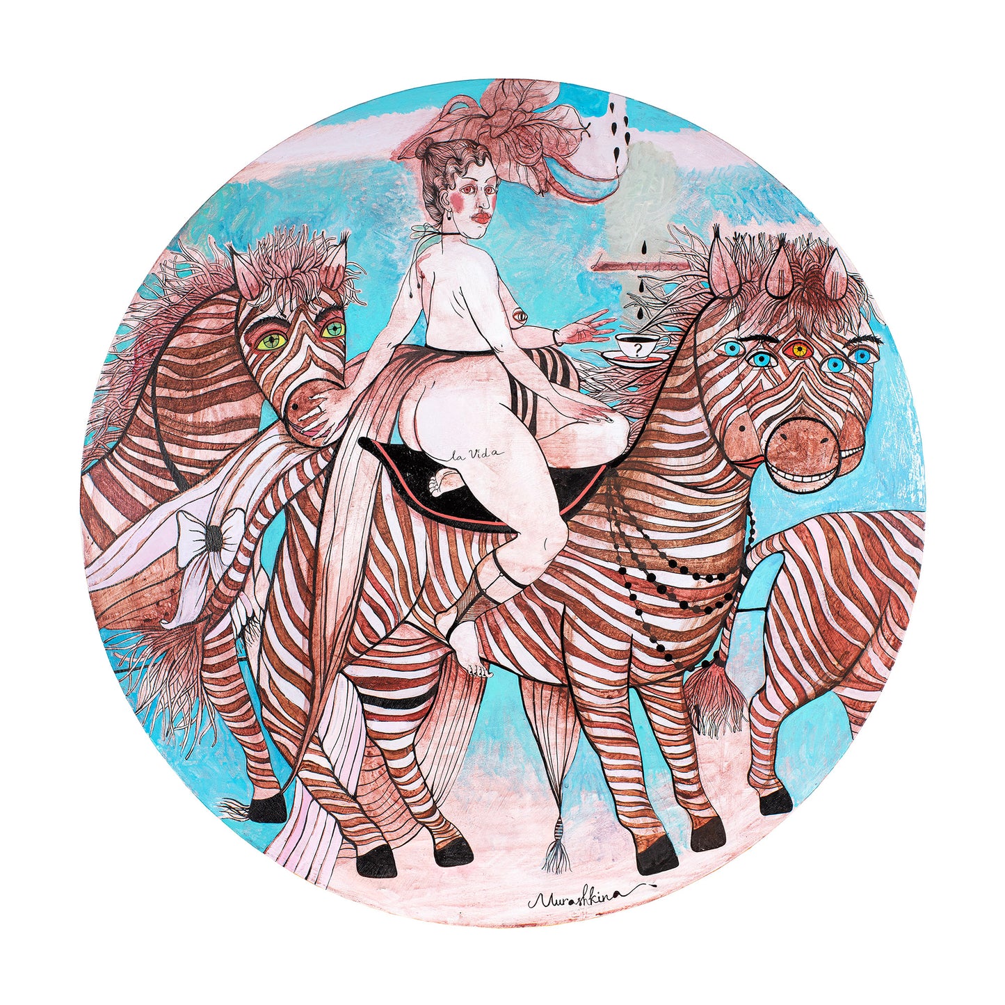 Illustration of a person riding two合一的zebras with a colorful background