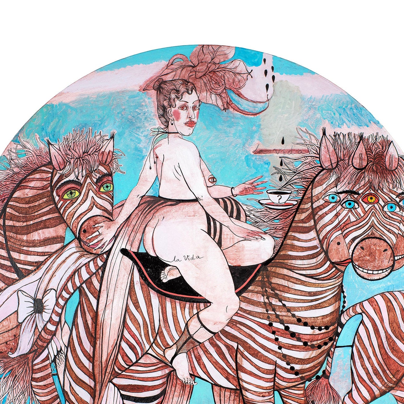 Illustration of a person riding two合一的zebras with a colorful background
